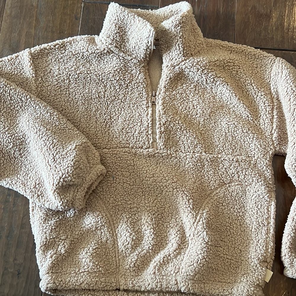 Hollister Gilly Hicks Cozy Fleece Sherpa 1/2 Zip Matching Shorts W/ Pockets Tan - Picture 3 of 6